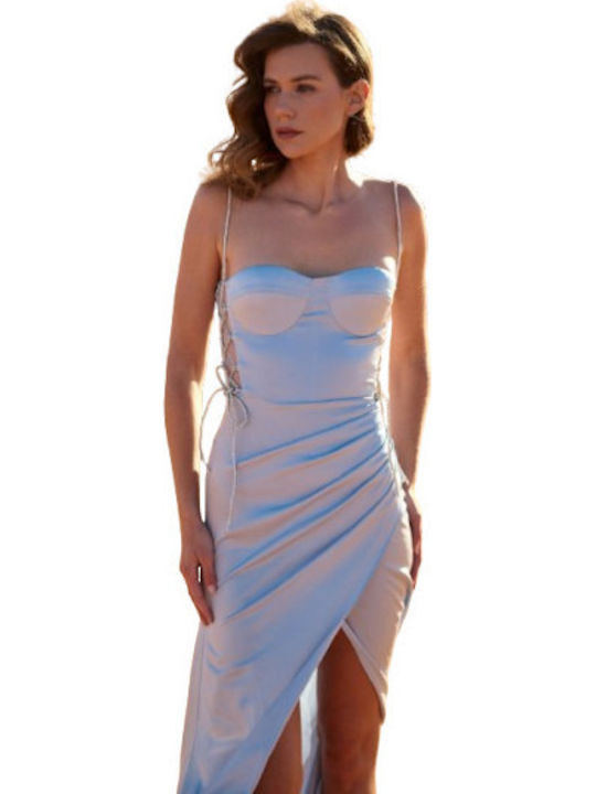 Summer Maxi Dress for Wedding Christening Satin Light Blue