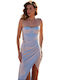 Summer Maxi Dress for Wedding Christening Satin Light Blue