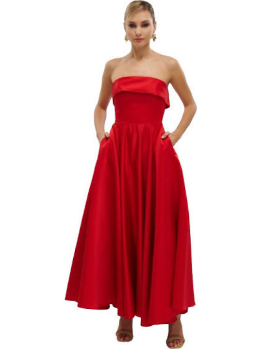 Καλοκαιρινό Maxi Φόρεμα για Γάμο / Βάπτιση Strapless Σατέν Κόκκινο