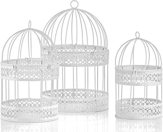 White Metallic Cage Lanterns Set Of 3 Pieces Φ21x32 Φ17x27 Φ14x25cm