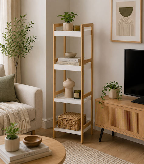 MRShome Boden Badezimmerregal Bamboo mit 4 Regalen 34x33x110cm Beige