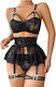 Roza Underwear Rz640 Women's Sexy Lingerie Set Lace Garters String & Bra Black Sleepwear Set