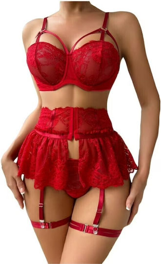 Roza Underwear Rz640 Women's Sexy Lingerie Set Lace Garters String & Bra Red Sleepwear Set