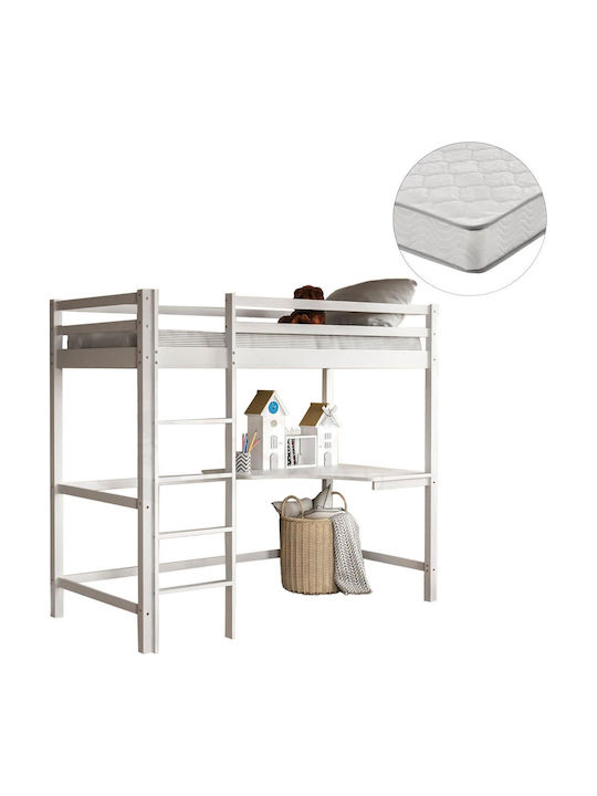 Kids Bed Bunk Single with Mattress and Desk Whi...