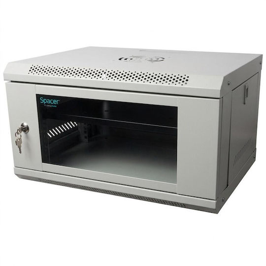 Dulap Pentru Rack Spacer 19" 6u 500x400mm Montaj Pe Perete Flatpack Demontabil Ușă Din Sticlă Cu Lacăt Panouri Detasabile Oțel 1mm Sarcină Maximă 25kg Include Un Raft Gri
