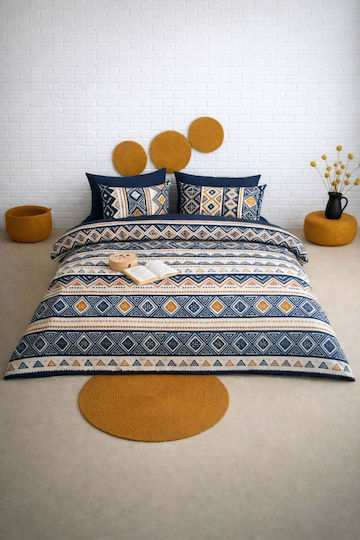 SteweHome Cotton Duvet Cover Set 200x230cm Double With 2 Pillowcases & 1 Bed Sheet Blue