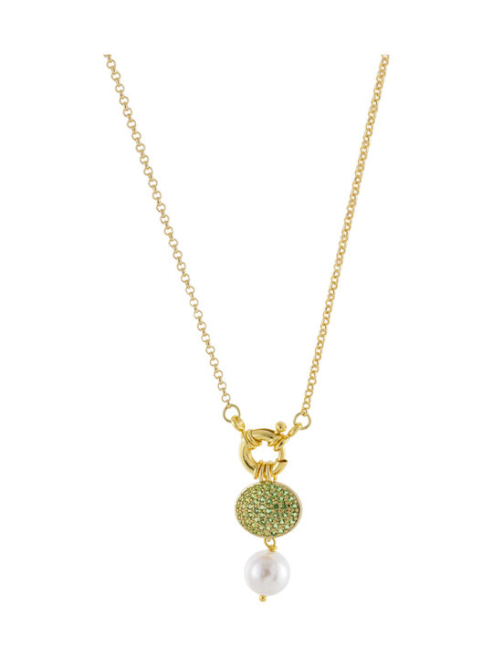 Oxette Necklace Gold Plated with Pearls & Green Zircon