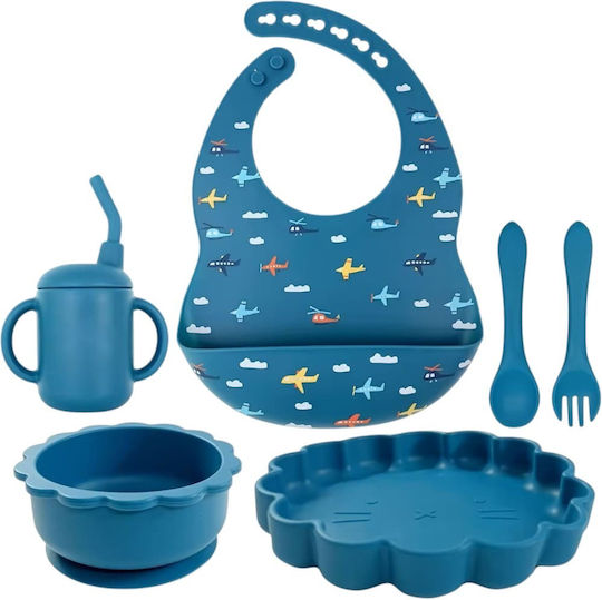 Queen Mother Feeding Set Planes Made of Silicone with Anti-Slip Base Blue 6pcs