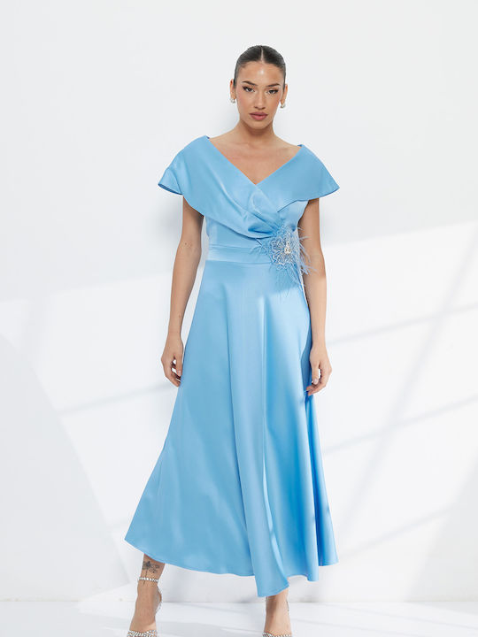 Summer Midi Evening Satin Light Blue Dress