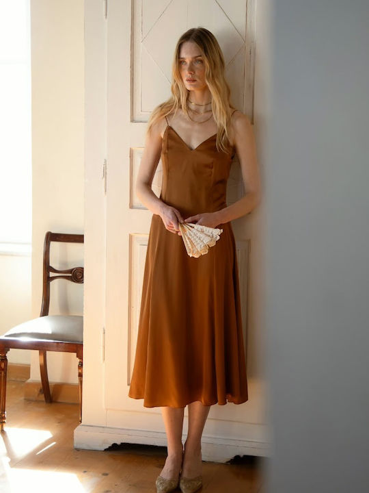 Rochie De Seara Din Satin Bronz Liriadress