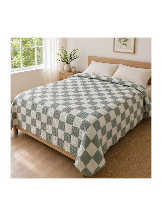 Kotonia Home Cuvertură Pat Dublu Microfibra Albă Și Verde 180x230cm