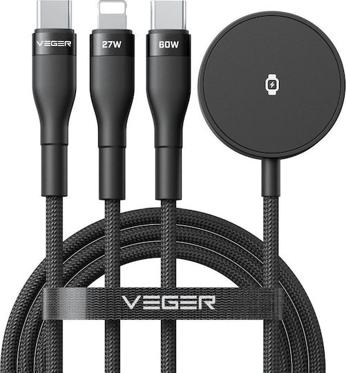 Veger Braided USB to Type-C / Lightning Cable 3A Μαύρο 1.5m