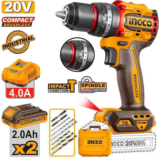 Ingco CIDLI207686E Percussive Battery Drill Driver Brushless 20V 2x2Ah