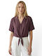 Damen Sommer Leinen Bluse Braun