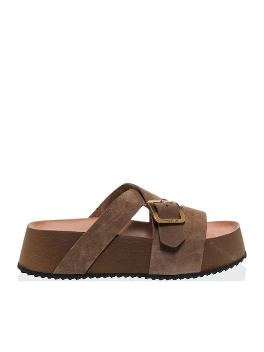 Myconian Leather Women's Flat Sandals Flatforms Beige