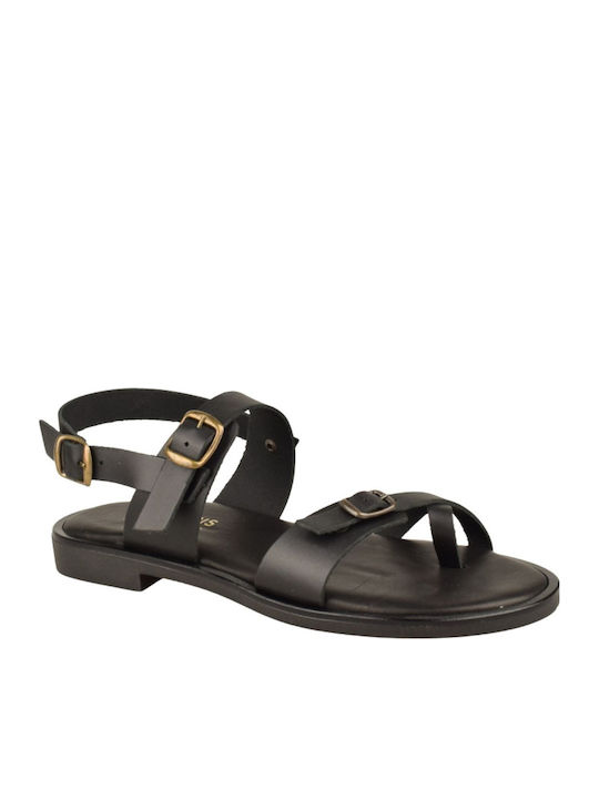 Yfantidis Leather Women's Flat Sandals Black