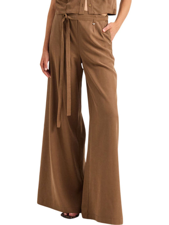 Enzzo Women's High Waist Fabric Brown Trousers