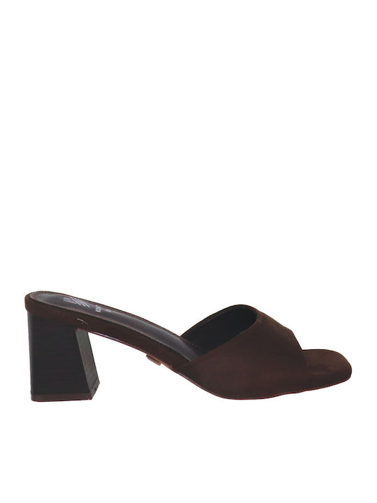 Suede Mules With Chunky Low Heel In Brown Colour