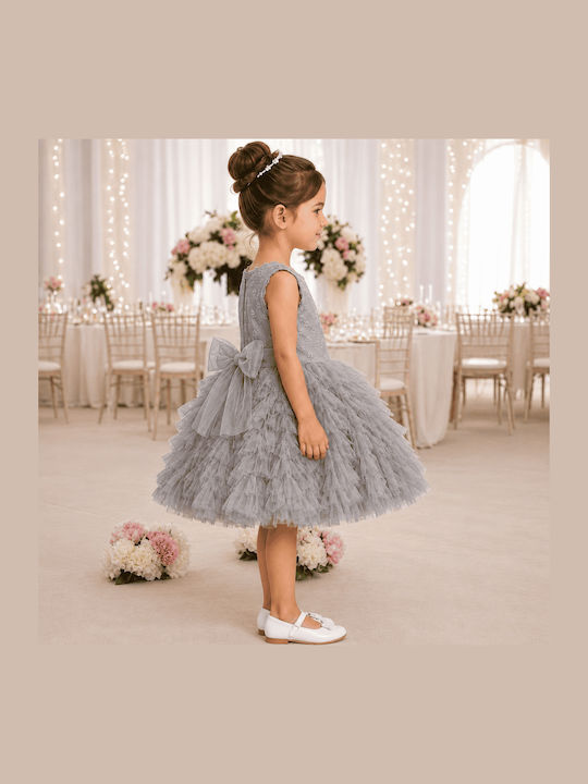 Girls Dress Sleeveless with Lace Floral Grey
