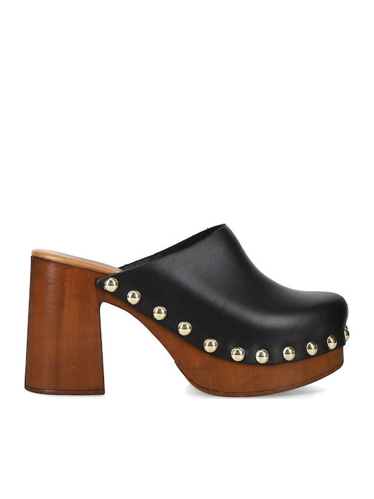 Leather Mules with Chunky Heel in Black Colour