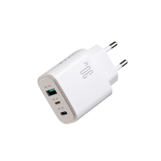 Joyroom Зарядно Устройство Без Кабел GaN с USB-A Изходен Порт и 2 USB-C Изходни Порта и USB-C Кабел 30W Бял (JR-TG6)
