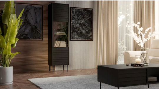 Boden-Wohnzimmer Vitrine aus Spanplatte mit Verglasung Schwarz 53x40x182cm