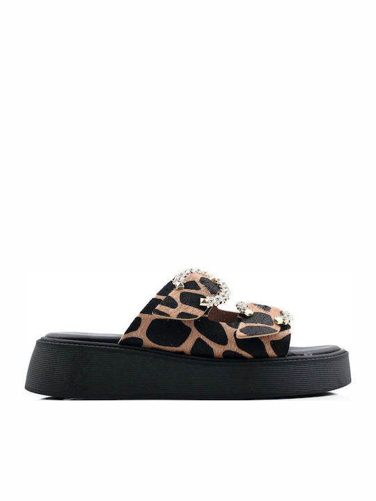 Leather Women's Flat Sandals Flatforms Brown