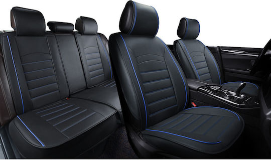 Set Complet Huse Scaune Auto Lux Piele Universală Neagră Piele Ecologică Cusături Albastre