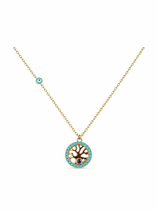 Tree Necklace Made of Gold Plated Steel Turquoise