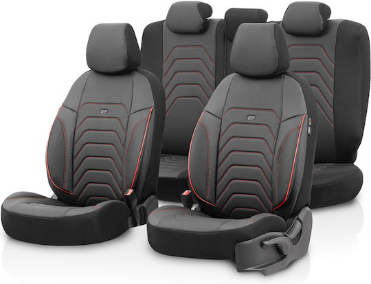Set De Huse Scaune Auto Luxury Otom Textile Eco Piele Sintetica Design Core Cusături Roșii Negre Scaune Față Spate