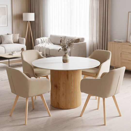 Sikulu Round Wooden White Marble Dining Room Table 125x125x77cm