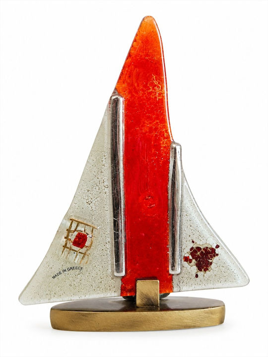 Decorative Sailboat Blown Glass Red White Bronze Base 17.5cm