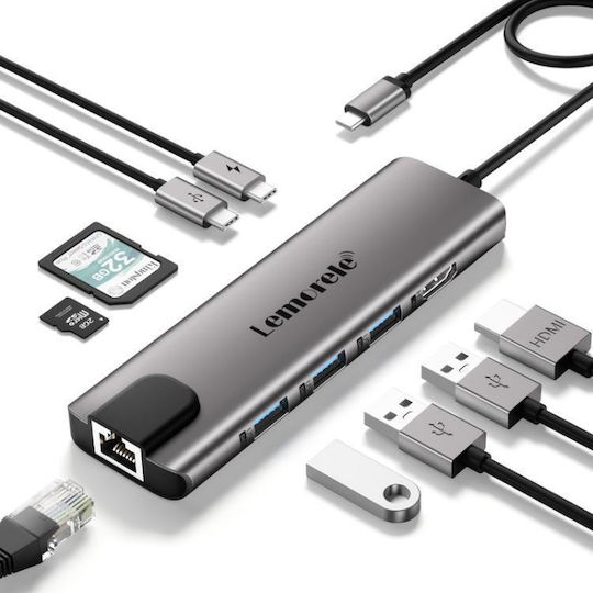 Lemorele TC39 USB-C Докинг Станция с HDMI 4K PD Ethernet Сребриста