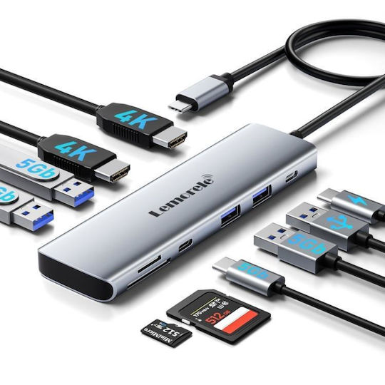 Lemorele USB-C Докинг Станция с HDMI 4K PD Ethernet и Свързване на 2 Монитора Сребриста (YI380C)