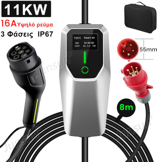Junsun Преносим Трифазен Зарядно Устройство 11kW с Вграден Кабел 8m Тип 2