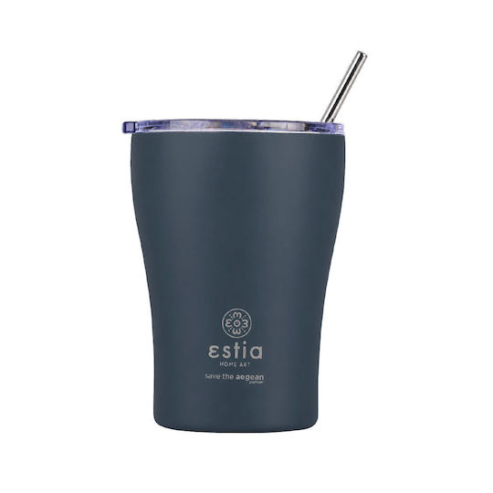 Estia Kaffeetasse Save The Aegean Recycelbares Glas Thermosflasche Rostfreier Stahl BPA-frei 350ml Indigo mit Stroh