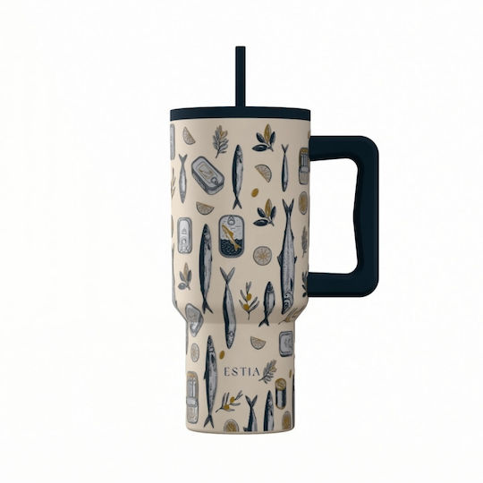 Estia Straw Tumbler XL Save The Aegean Рециклируем Чаша с Дръжка Термос Неръждаема Стомана Без BPA 900ml Salt Life с Сламка и Дръжка