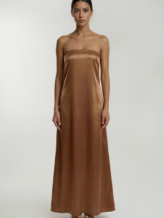 Καλοκαιρινό Maxi Φόρεμα Σατέν Camel