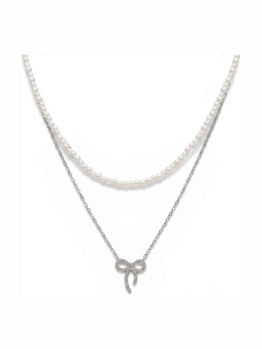 Rebekka Double Steel Necklace with Pearls