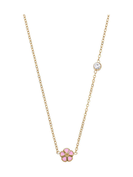 Silver And More Necklace With Flower Design In Pink Gold Plated Steel Pink