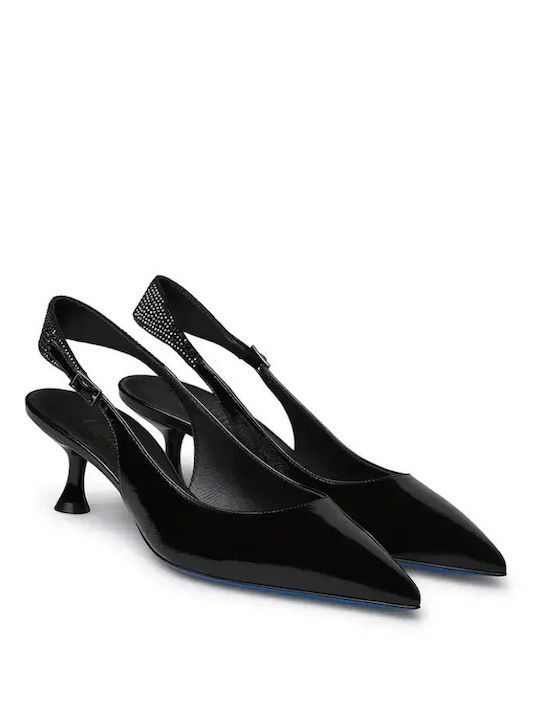 Leather Pointed Toe Heels with Strap & Mid Heel Black