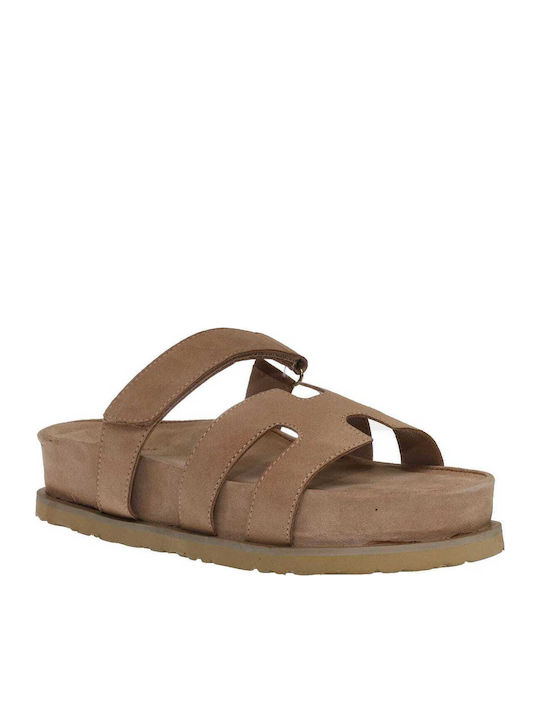 Δερμάτινα Γυναικεία Σανδάλια Flatforms Καφέ