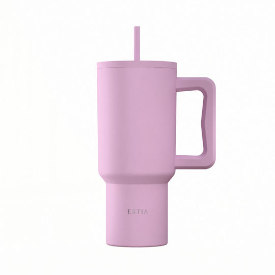 Estia Straw Tumbler XL Save The Aegean Recyclable Handled Thermos Stainless Steel BPA Free 900ml Lavender with Straw and Handle