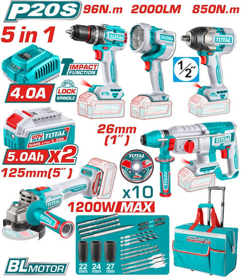 Total Tckli20596 Комплект Безжични Инструменти 5-в-1 20 V 2 X 5 Ah