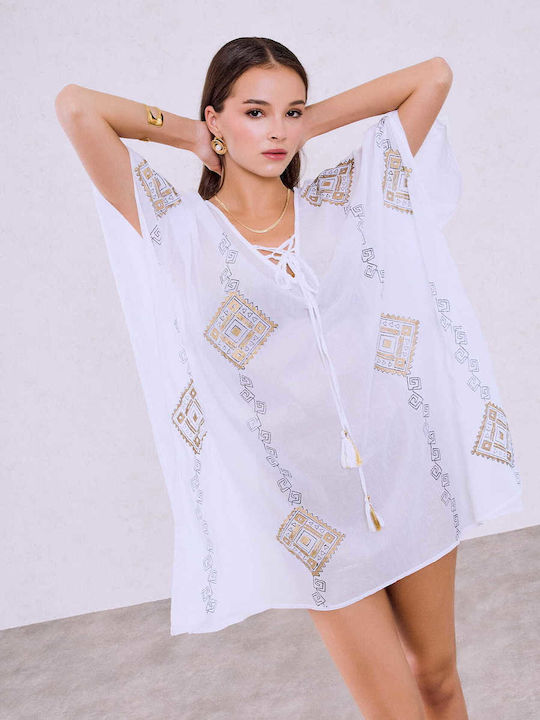 Celestino Women's Dress Kaftan Metallic Details Loose Fit White Celestino Women's Dress Kaftan Metallic Details Loose Fit White