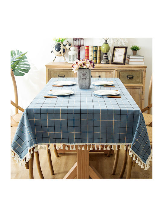 FRIPIA Checkered Tablecloth with Light Blue Embroidery 140x200cm