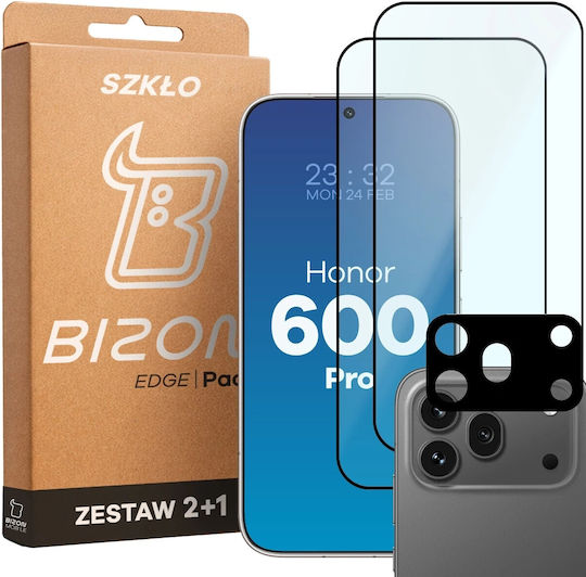 Bizon Glass Edge Pack Set Protecție 3în1 2 Folii Sticlă Ecran + 1 Foliă Sticlă Cameră Compatibil Honor 600 Pro Negru