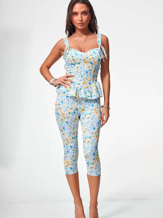 Decoro Women's Light Blue Set with Floral Trousers