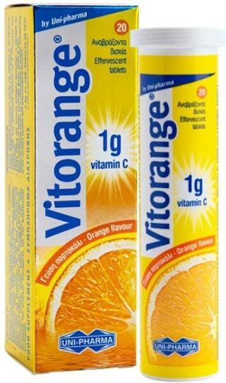 UNI-PHARMA Vitorange Vitamin C Βιταμίνη για Ενίσχυση του Ανοσοποιητικού, τo Δέρμα & Αντιοξειδωτική δράση Πορτοκάλι 1gr 20 αναβράζοντα δισκία