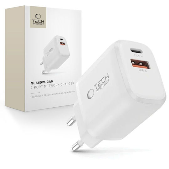 Tech-Protect Φορτιστής Χωρίς Καλώδιο GaN με Θύρα USB-A και Θύρα USB-C και Καλώδιο USB-C 65W Power Delivery / Quick Charge 3.0 Λευκός (NCA65W-GAN)